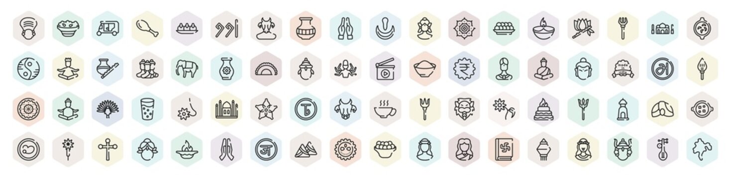 thin line india icons set. outline icons such as kathakali, ricksaw, ugadi, indian sweets, indian elephant, buddhist, anise, turban, ratha-yatra, assam vector.