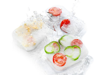 Fresh vegetables frozen in ice with splash of water on white background
