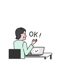パソコンに向かい座り笑顔でOKサインをするビジネスする人の白バックの線画ベクターイラスト