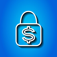 Lock, dollar simple icon vector. Flat design. White icon with shadow on blue background