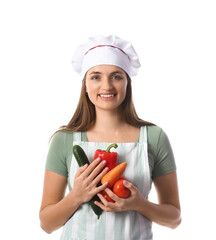 Female chef with fresh vegetables on white background