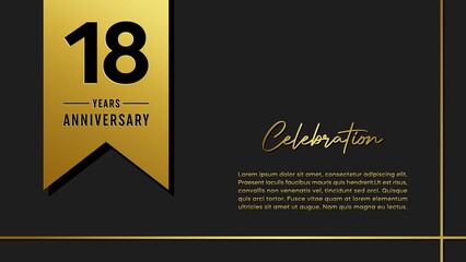 18 years anniversary logo with golden ribbon for booklet, leaflet, magazine, brochure poster, banner, web, invitation or greeting card. Vector illustrations.
