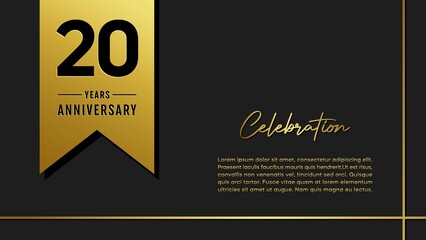 20 years anniversary logo with golden ribbon for booklet, leaflet, magazine, brochure poster, banner, web, invitation or greeting card. Vector illustrations.