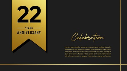 Fototapeta na wymiar 22 years anniversary logo with golden ribbon for booklet, leaflet, magazine, brochure poster, banner, web, invitation or greeting card. Vector illustrations.