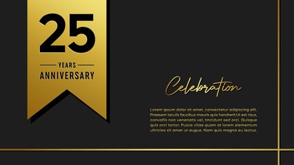 25 years anniversary logo with golden ribbon for booklet, leaflet, magazine, brochure poster, banner, web, invitation or greeting card. Vector illustrations.