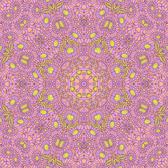 Colorful flower pattern. Abstract floral mandala ornament. Vintage violet, orange and green background