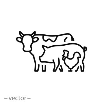 farm animals icon, cow, pig and chicken, group of pets, thin line symbol on white background - editable stroke vector illustration