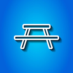 Picnic, camping table simple icon vector. Flat design. White icon with shadow on blue background