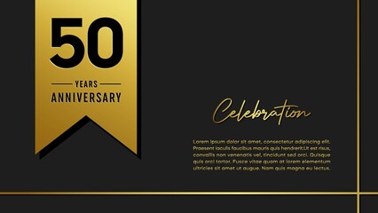 50 years anniversary logo with golden ribbon for booklet, leaflet, magazine, brochure poster, banner, web, invitation or greeting card. Vector illustrations.