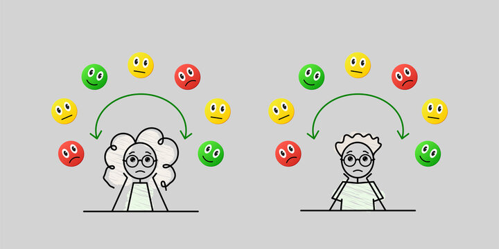 Understanding Your Emotions, Boy And Girl, Mood Swings Control, Cute Little Teenagers Having A Mood Changing Rapidly, Emotional Roller, Simple Doodle Illustration With Green Yellow And Red Emojies