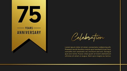 75 years anniversary logo with golden ribbon for booklet, leaflet, magazine, brochure poster, banner, web, invitation or greeting card. Vector illustrations.