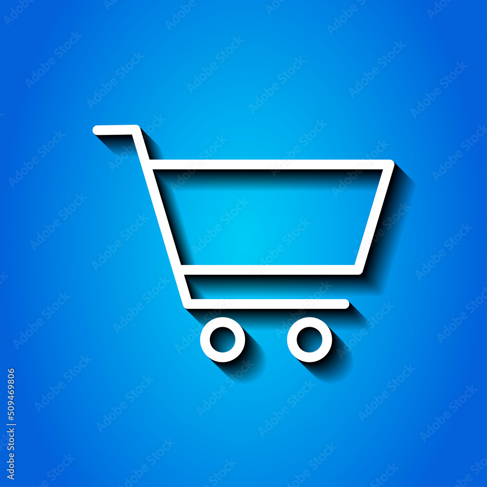 Poster shopping cart simple icon vector. flat design. white icon with shadow on blue background