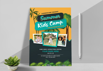 Kids Summer Camp Flyer Layout with Yellow and Black Accents