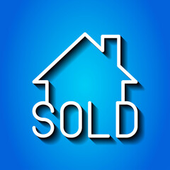 Sold, house simple icon vector. Flat design. White icon with shadow on blue background