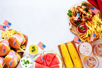 Table with food for USA 4th July Independence Day, copy space