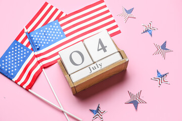 Calendar with date 4 JULY, USA flags and stars on pink background