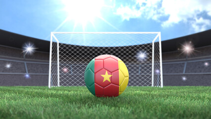 Soccer ball in flag colors on a bright sunny stadium background. Cameroon. 3D image