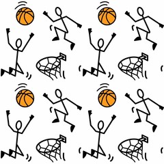 Seamless pattern with basketball players dribbling. Throwing the ball into a basketball basket. Team ball game. Illustration in the style of flat and contour graphics.