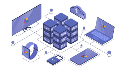 Cloud Data storage concept. Digital service for storing and managing information. Network server for synchronization with computer, smartphone and laptop. Cartoon isometric vector illustration