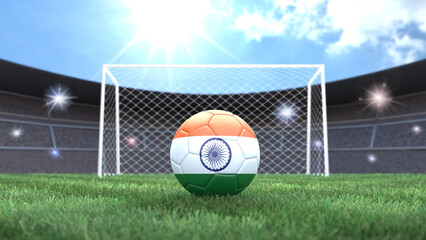Soccer ball in flag colors on a bright sunny stadium background. India. 3D image