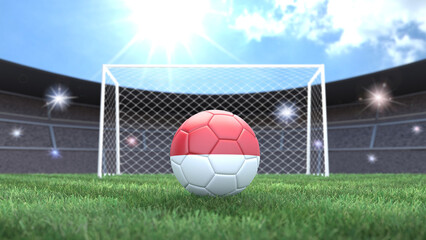 Soccer ball in flag colors on a bright sunny stadium background. Indonesia. 3D image
