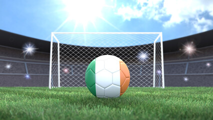 Soccer ball in flag colors on a bright sunny stadium background. Ireland. 3D image