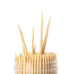 Box with bamboo toothpicks on white background, closeup - obrazy, fototapety, plakaty
