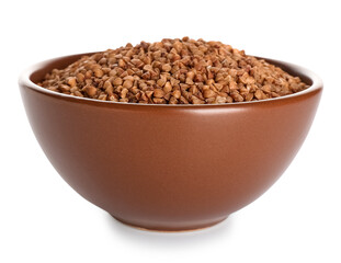 Bowl with buckwheat grains on white background