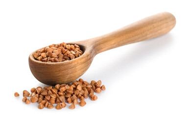 Wooden spoon with buckwheat on white background