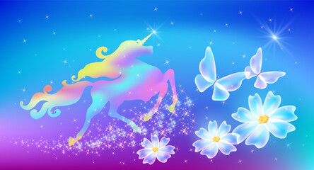 Fototapeta na wymiar Unicorn with luxurious winding mane, butterflies and transparent flowers against the background of the fantasy universe with sparkling stars