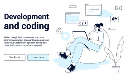 Woman is sitting in bag chair with laptop and coding. Stroke landing banner. Vector illustration