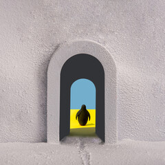 a penguin in the passage between cold and warm climates. The idea of global warming. Minimal abstract summer and winter concept. Square layout with copy space
