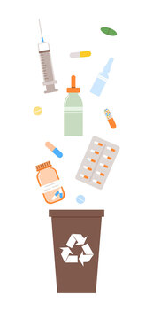 Concept of separate waste collection. Medicine material, rubbish falling in trash box. Waste bin for expired medicines. Garbage bin for drugs. Flat vector illustration on white isolated background.
