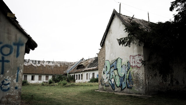 old dilapidated houses in Grabow on the island of R&uuml;gen, Germany