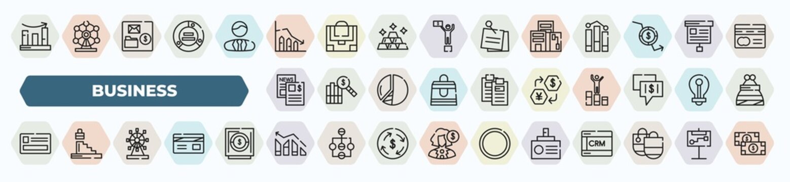 set of 40 thin line business icons. outline icons such as graphic progression, graphic chart, corporation, newspaper page, money convert, banking card, big wheel, progress report, journalist id