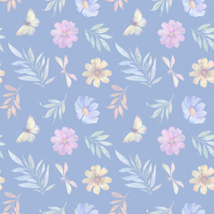 Seamless background of flowers, butterflies, leaves, painted in watercolor, processed in a digital program. Botanical pattern on a pale blue background.