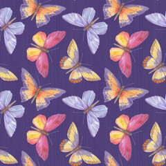 Vintage hand drawn colorful seamless pattern with beautiful pastel watercolor butterflies on vibrant background. Watercolor butterfly seamless pattern hand drawn texture