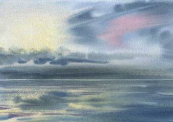 Abstract watercolor landscape with sea and sunset.