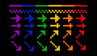 Set of arrows. Rainbow pattern. 8 bit game style. Retro