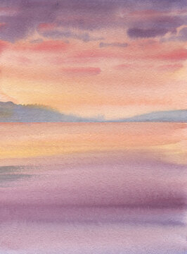 Abstract watercolor landscape with sea and sunset.
