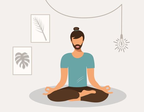 The young man is in harmony with himself. Yoga in the lotus position. Vector flat cartoon illustration character isolated on beige background. Hipster calm, relaxation, meditation, beard, home decor.