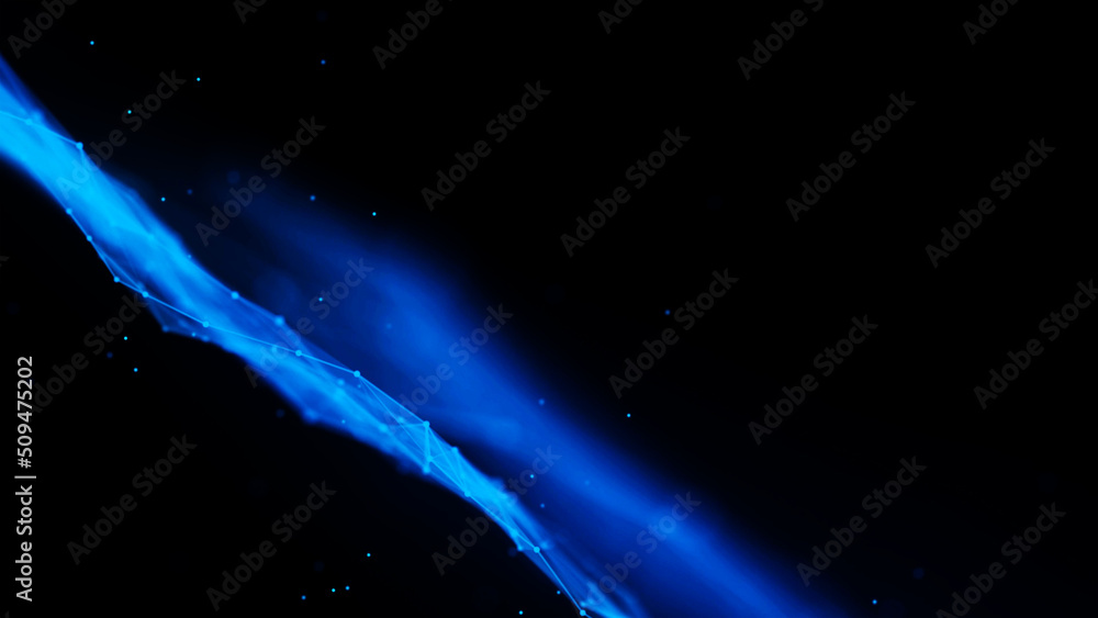 Poster neon background frame. design wave of glow cosmic energy flow. texture plexus of chaotic lines, dots