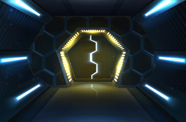 3d realistic vector illustration banner. Sci-fi sliding spaceship metal doors with neon lightning.  © Real Vector
