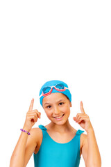 Girl with swimsuit and diving goggles, swimming lessons in the pool, pointing up. white background...