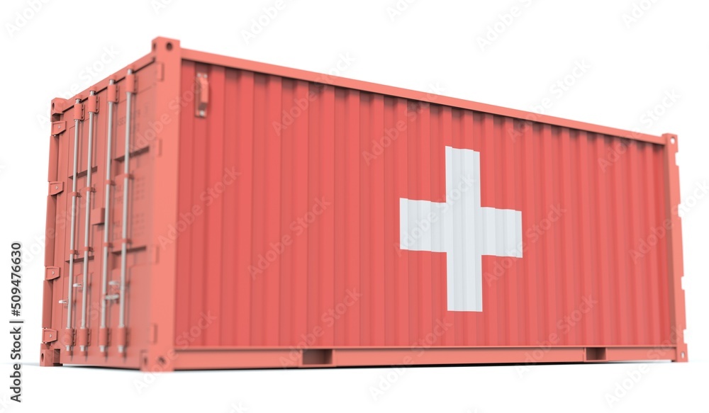 Poster cargo container with flag of switzerland on the side, 3d rendering