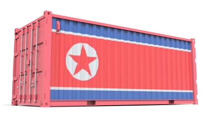 Shipping container with flag of North Korea on the side, 3d rendering