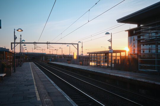 A train station in Edinburgh at sunset. Edinburgh, Scotland, UK