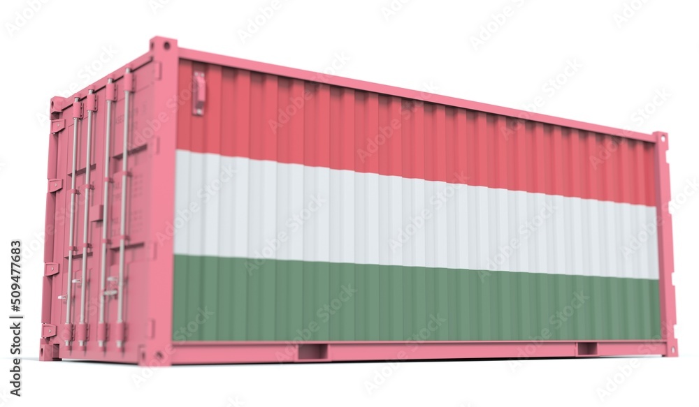 Poster flag of hungary on the side of a cargo container, 3d rendering