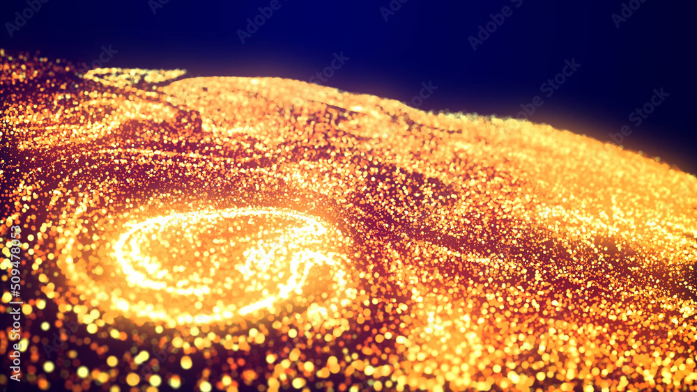Poster abstract bg, golden magic glitters fly in air form beautiful swirls. fiery sparkles float in viscous