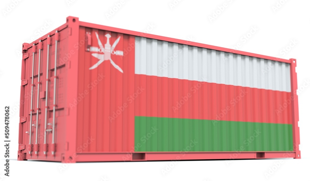 Poster national flag of oman on the side of a cargo container. conceptual 3d rendering